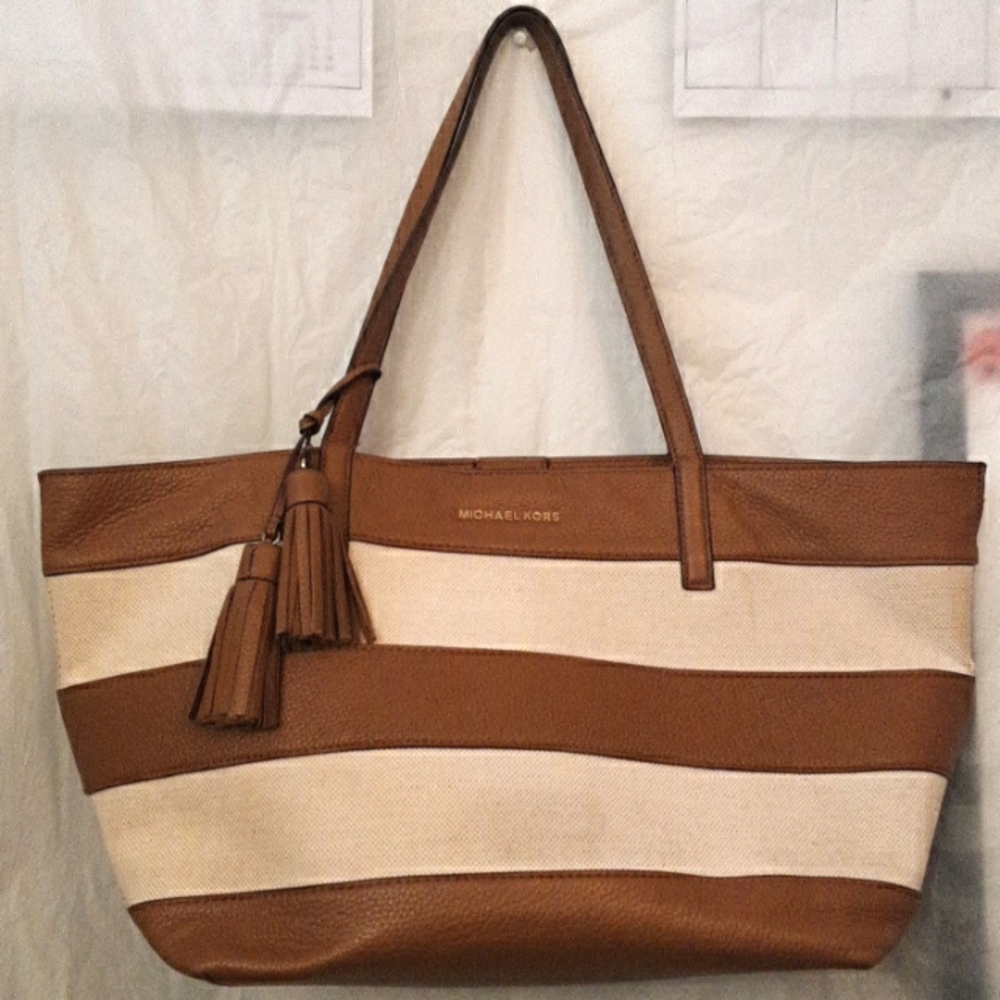 Michael Kors Tan Leather and Cream Jaquar Large Tote with Tassle